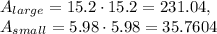A_{large}=15.2\cdot 15.2=231.04,\\ A_{small}=5.98\cdot 5.98=35.7604
