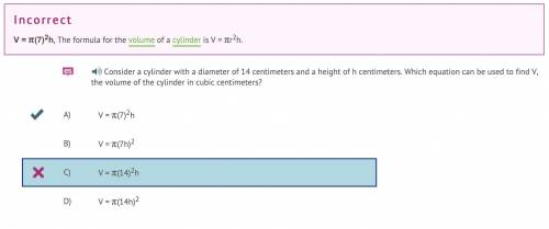 Consider a cylinder with a diameter of 14 centimeters and a height of h centimeters. which equation