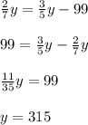 \frac{2}{7}y = \frac{3}{5}y-99\\\\99 = \frac{3}{5}y-\frac{2}{7}y\\\\\frac{11}{35}y=99\\\\y = 315\\