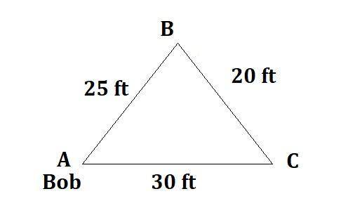 Atriangle is formed between bob and 2 lampposts. the distance from bob to one lamppost is 25 feet, a