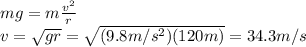 mg=m\frac{v^2}{r}\\v=\sqrt{gr}=\sqrt{(9.8 m/s^2)(120 m)}=34.3 m/s