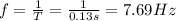 f=\frac{1}{T}=\frac{1}{0.13 s}=7.69 Hz