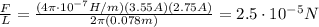 \frac{F}{L}=\frac{(4\pi \cdot 10^{-7} H/m)(3.55 A)(2.75 A)}{2\pi (0.078 m)}=2.5\cdot 10^{-5}N