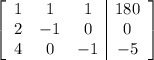 \left[\begin{array}{ccc|c}1&1&1&180\\2&-1&0&0\\4&0&-1&-5\end{array}\right]