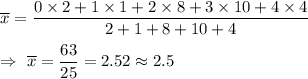 \overline{x}=\dfrac{0\times2+1\times1+2\times8+3\times10+4\times4}{2+1+8+10+4}\\\\\Rightarrow\ \overline{x}=\dfrac{63}{25}=2.52\approx2.5