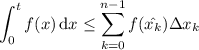 \displaystyle\int_0^tf(x)\,\mathrm dx\le\sum_{k=0}^{n-1}f(\hat{x_k})\Delta x_k
