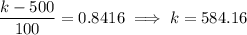\dfrac{k-500}{100}=0.8416\implies k=584.16
