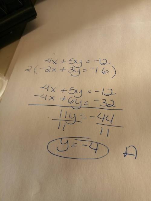 What is the y-value in the solution to this system of linear equations?  4x + 5y = −12 -2x + 3y = −1