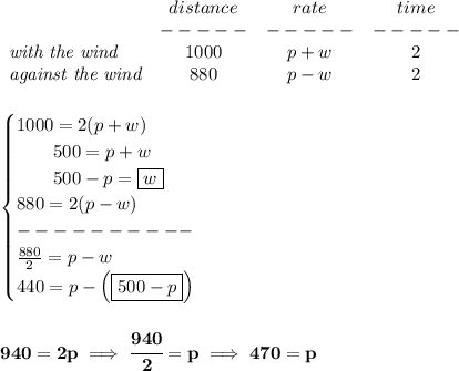 \bf \begin{array}{lccclll}&#10;&distance&rate&time\\&#10;&-----&-----&-----\\&#10;\textit{with the wind}&1000&p+w&2\\&#10;\textit{against the wind}&880&p-w&2&#10;\end{array}&#10;\\\\\\&#10;\begin{cases}&#10;1000=2(p+w)\\&#10;\qquad 500=p+w\\&#10;\qquad 500-p=\boxed{w}\\&#10;880=2(p-w)\\&#10;----------\\&#10;\frac{880}{2}=p-w\\&#10;440=p-\left( \boxed{ 500-p }\right)&#10;\end{cases}&#10;\\\\\\&#10;940=2p\implies \cfrac{940}{2}=p\implies 470=p