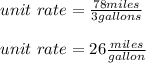 unit\ rate=\frac{78miles}{3gallons}\\\\unit\ rate=26\frac{miles}{gallon}