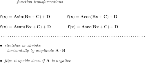 \bf ~~~~~~~~~~~~\textit{function transformations} \\\\\\ f(x)=Asin(Bx+C)+D \qquad \qquad f(x)=Acos(Bx+C)+D \\\\ f(x)=Atan(Bx+C)+D \qquad \qquad f(x)=Asec(Bx+C)+D \\\\[-0.35em] ~\dotfill\\\\ \bullet \textit{ stretches or shrinks}\\ ~~~~~~\textit{horizontally by amplitude } A\cdot B\\\\ \bullet \textit{ flips it upside-down if }A\textit{ is negative}