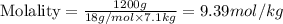 \text{Molality}=\frac{1200g}{18g/mol\times 7.1kg}=9.39mol/kg
