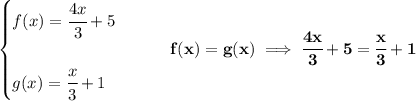 \bf \begin{cases}&#10;f(x)=\cfrac{4x}{3}+5\\\\&#10;g(x)=\cfrac{x}{3}+1&#10;\end{cases}\qquad f(x)=g(x)\implies \cfrac{4x}{3}+5=\cfrac{x}{3}+1