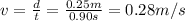 v=\frac{d}{t}=\frac{0.25 m}{0.90 s}=0.28 m/s