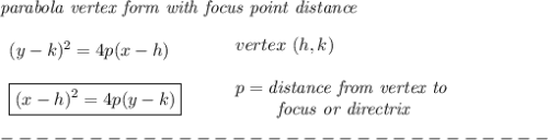 \bf \textit{parabola vertex form with focus point distance}\\\\&#10;\begin{array}{llll}&#10;(y-{{ k}})^2=4{{ p}}(x-{{ h}}) \\\\&#10;\boxed{(x-{{ h}})^2=4{{ p}}(y-{{ k}}) }\\&#10;\end{array}&#10;\qquad &#10;\begin{array}{llll}&#10;vertex\ ({{ h}},{{ k}})\\\\&#10;{{ p}}=\textit{distance from vertex to }\\&#10;\qquad \textit{ focus or directrix}&#10;\end{array}\\\\&#10;-------------------------------\\\\