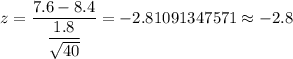 z=\dfrac{7.6-8.4}{\dfrac{1.8}{\sqrt{40}}}=-2.81091347571\approx-2.8
