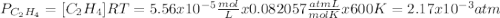 P_{C_{2} H_{4}} = [C_{2} H_{4}]RT = 5.56 x 10^{-5} \frac{mol}{L}  x 0.082057 \frac{atm L}{mol K} x 600 K = 2.17x10^{-3} atm