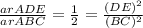 \frac{ar ADE}{arABC}=\frac{1}{2}=\frac{(DE)^{2}}{(BC)^{2}}