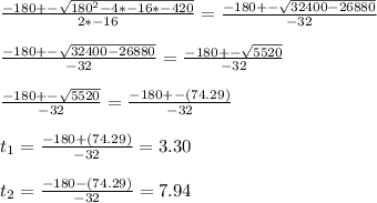 \frac{-180+-\sqrt{180^{2}-4*-16*-420 } }{2*-16}=\frac{-180+-\sqrt{32400-26880 } }{-32}\\\\\frac{-180+-\sqrt{32400-26880}}{-32}=\frac{-180+-\sqrt{5520}}{-32} \\\\\frac{-180+-\sqrt{5520}}{-32}=\frac{-180+-(74.29)}{-32}\\\\t_1=\frac{-180+(74.29)}{-32}=3.30\\\\t_2=\frac{-180-(74.29)}{-32}=7.94