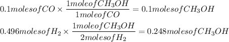 0.1 moles of CO\times\dfrac{1moleofCH_{3}OH}{1moleofCO}=0.1moles of CH_{3}OH\\\\ 0.496molesofH_{2}\times\dfrac{1moleofCH_{3}OH}{2molesofH_{2}}=0.248molesofCH_{3}OH