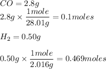 CO = 2.8g\\2.8g\times\dfrac{1mole}{28.01g}=0.1moles\\\\H_{2}=0.50g\\\\0.50g\times\dfrac{1mole}{2.016g}=0.469moles