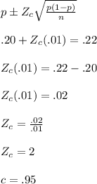p \pm Z_c \sqrt{\frac{p(1-p)}{n}} \\ \, \\ .20 + Z_c (.01) = .22  \\ \, \\  Z_c (.01) = .22 - .20 \\ \, \\  Z_c (.01) = .02 \\ \, \\  Z_c = \frac{.02}{.01} \\ \, \\  Z_c = 2 \\ \, \\ c = .95