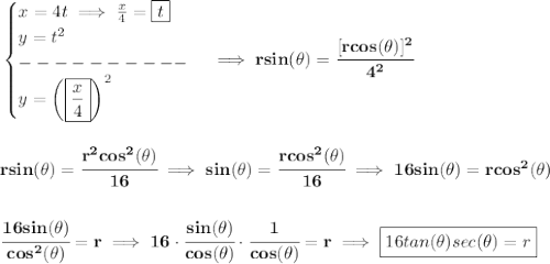 \bf \begin{cases}&#10;x=4t\implies \frac{x}{4}=\boxed{t}\\&#10;y=t^2\\&#10;----------\\&#10;y=\left( \boxed{\frac{x}{4} }\right)^2&#10;\end{cases}\implies rsin(\theta)=\cfrac{[rcos(\theta)]^2}{4^2}&#10;\\\\\\&#10;rsin(\theta)=\cfrac{r^2cos^2(\theta)}{16}\implies sin(\theta)=\cfrac{rcos^2(\theta)}{16}\implies 16sin(\theta)=rcos^2(\theta)&#10;\\\\\\&#10;\cfrac{16sin(\theta)}{cos^2(\theta)}=r\implies 16\cdot\cfrac{sin(\theta)}{cos(\theta)}\cdot \cfrac{1}{cos(\theta)}=r\implies \boxed{16 tan(\theta)sec(\theta)=r}