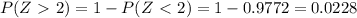 P(Z\ \textgreater \ 2)=1-P(Z\ \textless \ 2)=1-0.9772=0.0228