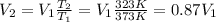V_2=V_1 \frac{T_2}{T_1}=V_1 \frac{323 K}{373 K}=0.87 V_1
