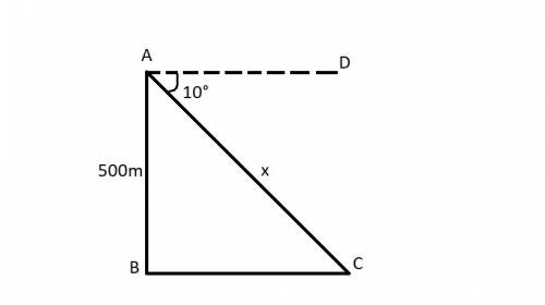 Find the value of x. round to the nearest tenth.  x is the hypotenuse  500m is the small side 10 deg