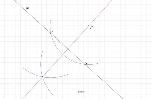 What is the first step in the construction of a perpendicular line from point p to line m