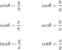 sin\theta=\dfrac{y}{h}\qquad \qquad csc\theta=\dfrac{h}{y}\\\\\\cos\theta=\dfrac{x}{h}\qquad \qquad sec\theta=\dfrac{h}{x}\\\\\\tan\theta=\dfrac{y}{x}\qquad \qquad cot\theta=\dfrac{x}{y}
