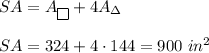 SA=A_\boxed{ }}+4A_\Delta\\\\SA=324+4\cdot144=900\ in^2