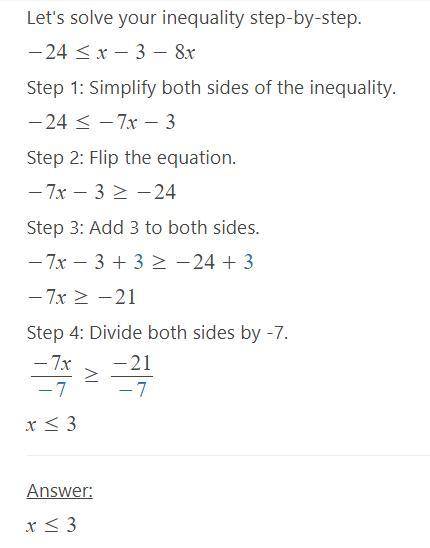 Solve the inequality -24 _<  x - 3 - 8xa. x _>  3b. x _<  3c. x _>  -3d. x _>  -9