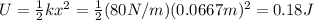 U=\frac{1}{2}kx^2=\frac{1}{2}(80 N/m)(0.0667 m)^2=0.18 J