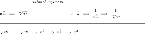 \bf ~\hspace{7em}\textit{rational exponents} \\\\ a^{\frac{ n}{ m}} \implies \sqrt[ m]{a^ n} ~\hspace{10em} a^{-\frac{ n}{ m}} \implies \cfrac{1}{a^{\frac{ n}{ m}}} \implies \cfrac{1}{\sqrt[ m]{a^ n}} \\\\[-0.35em] \rule{34em}{0.25pt}\\\\ \sqrt{x^6}\implies \sqrt[2]{x^6}\implies x^{\frac{6}{2}}\implies x^{\frac{3}{1}}\implies x^3