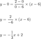 y-0=\dfrac{2-0}{0-6}\times (x-6)\\\\\\y=\dfrac{2}{-6}\times (x-6)\\\\\\y=-\dfrac{1}{3}x+2