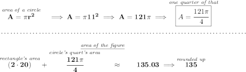 \bf \stackrel{\textit{area of a circle}}{A=\pi r^2}~~ \implies A=\pi 11^2\implies A=121\pi \implies \stackrel{\textit{one quarter of that}}{\boxed{A=\cfrac{121\pi }{4}}} \\\\[-0.35em] ~\dotfill\\\\ \stackrel{\underline{\textit{area of the figure}}}{\stackrel{\textit{rectangle's area}}{(2\cdot 20)}+\stackrel{\textit{circle's quart's area}}{\cfrac{121\pi }{4}}\qquad \approx \qquad 135.03\implies \stackrel{\textit{rounded up}}{135}}