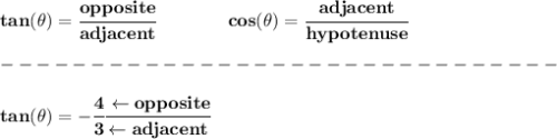 \bf tan(\theta)=\cfrac{opposite}{adjacent}\qquad \qquad cos(\theta)=\cfrac{adjacent}{hypotenuse}\\\\&#10;-------------------------------\\\\&#10;tan(\theta )=-\cfrac{4}{3}\cfrac{\leftarrow opposite}{\leftarrow adjacent}