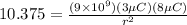 10.375 = \frac{(9\times 10^9)(3 \mu C)(8 \mu C)}{r^2}