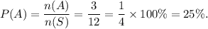 P(A)=\dfrac{n(A)}{n(S)}=\dfrac{3}{12}=\dfrac{1}{4}\times100\%=25\%.