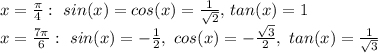 x= \frac{ \pi }{4}:\,\, sin(x) =cos(x)= \frac{1}{ \sqrt{2} },\,tan(x)=1\\x= \frac{7 \pi }{6} :\,\,sin(x)=- \frac{1}{2} ,\,\,cos(x)=- \frac{ \sqrt{3} }{2} ,\,\,tan(x)= \frac{1}{ \sqrt{3} }