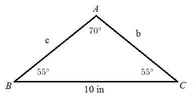 An isosceles triangle has angle measures of 55, 55, and 70. the side across the 70 degree angle is 1