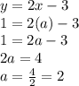 y=2x-3\\1=2(a)-3\\1=2a-3\\2a=4\\a=\frac{4}{2}=2