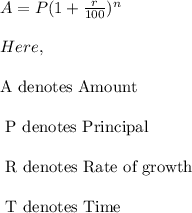 A=P(1+\frac{r}{100})^n\\\\Here,\\\\\text{A denotes Amount}\\\\\text{ P denotes Principal}\\\\\text{ R denotes Rate of growth}\\\\\text{ T denotes Time}