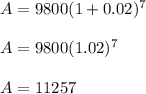 A=9800(1+0.02)^7\\\\A=9800(1.02)^7\\\\A=11257
