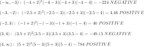 (-\infty,-3): \ (-4+2)^2(-4-3)(-4+3)(-4-4)=-224 \ NEGATIVE \\ \\(-3,-2): \ (-2.5+2)^2(-2.5-3)(-2.5+3)(-2.5-4)=4.46 \ POSITIVE \\ \\ (-2,3): \ (-1+2)^2(-1-3)(-1+3)(-1-4)=40 \ POSITIVE \\ \\ (3,4): \ (3.5+2)^2(3.5-3)(3.5+3)(3.5-4)=-49.15 \ NEGATIVE \\ \\ (4,\infty): \ (5+2)^2(5-3)(5+3)(5-4)=784 \ POSITIVE