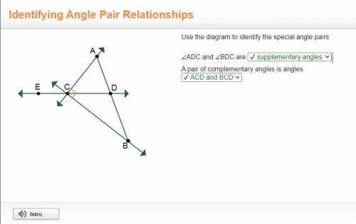 Use the diagram to identify the special angle pairs. adc and bdc are . a pair of complementary angle