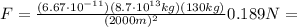 F=\frac{(6.67\cdot 10^{-11})(8.7\cdot 10^{13} kg)(130 kg)}{(2000 m)^2}0.189 N=