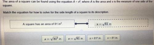 The area of a square can be found using the equation a= s2, where a is the area and s is the measure
